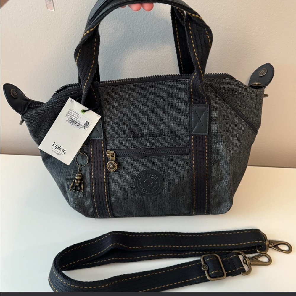 Kipling Charcoal Black Denim-Style Satchel with Removable Strap